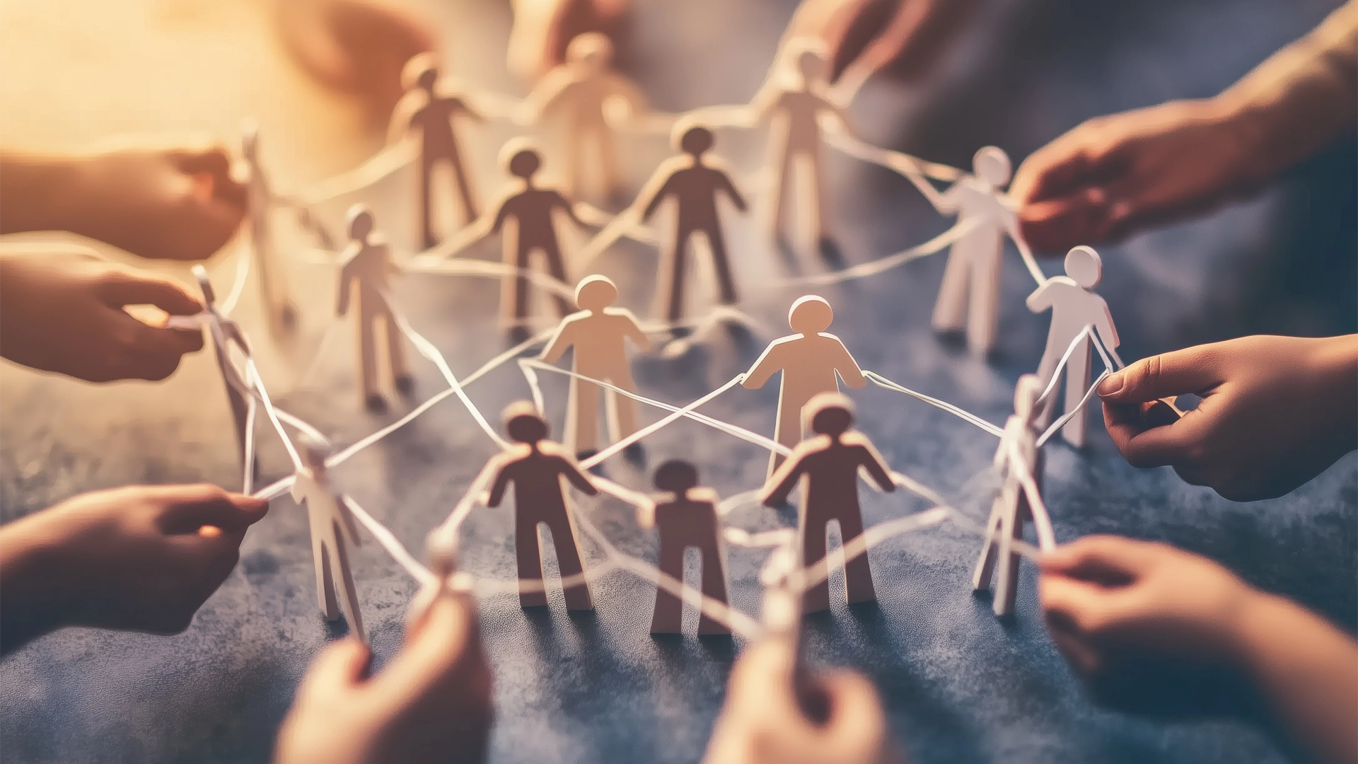 Hände halten ein Netzwerk aus Papierfiguren, die durch Schnüre verbunden sind.